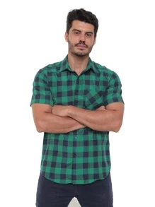 Rand paul Men's Plaid Shirt Casual Slim Fit Short Sleeve With Pockets Imported - 綠色 - 查看 5