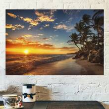 Framed Sunset Over Tropical Beach Palm Tree Ocean Photo Photograph Setting Sun Island Poster Nature Scene Palm Tree Scenic Relaxing Calm Sea Sand Beautiful Cool Wall Art Print Poster - Framed - View 1