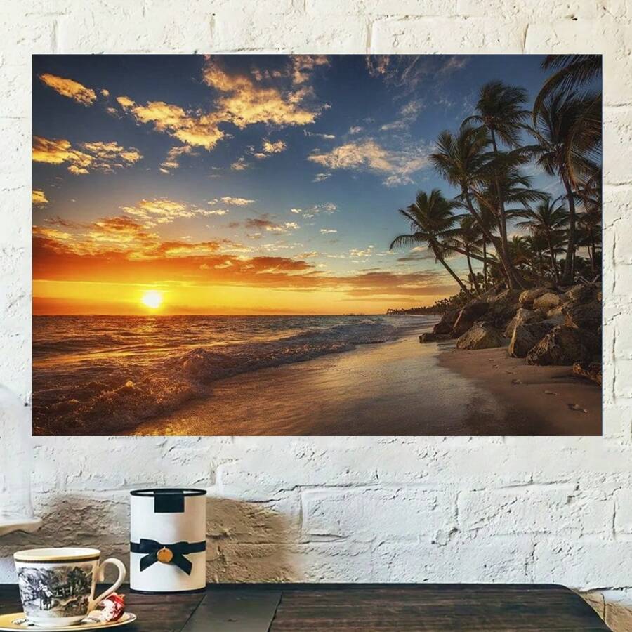 Framed Sunset Over Tropical Beach Palm Tree Ocean Photo Photograph Setting Sun Island Poster Nature Scene Palm Tree Scenic Relaxing Calm Sea Sand Beautiful Cool Wall Art Print Poster - Framed - View 1