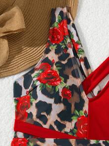 1pc Women's Red Leopard Print Sexy One-Piece Swimsuit