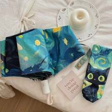 [Van Gogh Inspired, Folding Umbrella] 1pc Black Cat Pattern Folding Umbrella - Van Gogh Inspired, Casual Cute Fashion Style, Manual Open, 8 Ribs, Pongee & Iron Material, Foldable Sunshade With UV Protection
