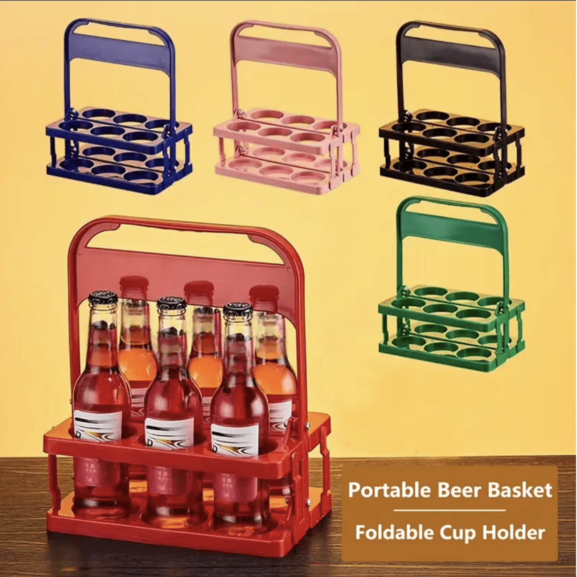 1 pieza Bandeja plegable de plástico con 6 portabotéllas y compartimientos para vasos - Diseño portátil y ahorrador de espacio, apto para bar, fiesta, actividades al aire libre y almacenamiento en la cocina, accesorios de bar | Portador de bebidas portátil | Soporte de bebidas ligero