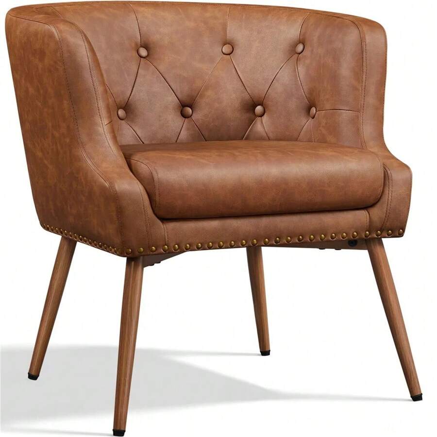 Renwick Modern Button Tufted Faux Leather Barrel Accent Chair,Retro Brown - Brown - View 1
