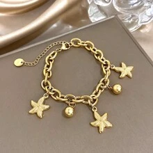 1 pièce Bracelet chaîne de perles en forme d'étoile de mer en acier inoxydable doré, bracelet empilable pour femme. Bijou de fête quotidienne pour anniversaire, Noël