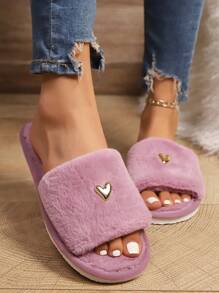 秋冬高端時尚愛心裝飾毛絨拖鞋 女款舒適軟底輕量室內拖鞋四季可穿 - 紫色 - 查看 4