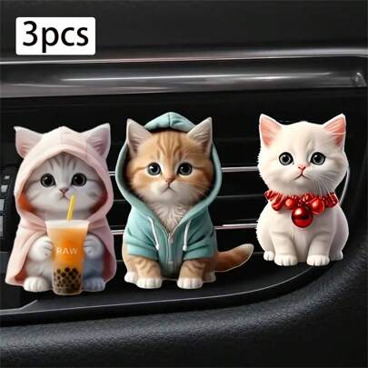 3pcs Cute Cat Car Ventilation Air Freshener Clip - Creative Hoodie Cat, Milk Tea Cat, Bell Cat Designs, 2D Acrylic Car Ventilation Decoration Clip, Comes With Aromatherapy Sheet, Deodorization + Random Scents, Car Air Freshener, Car Interior Decoration, Perfect Gift For Family And Friends