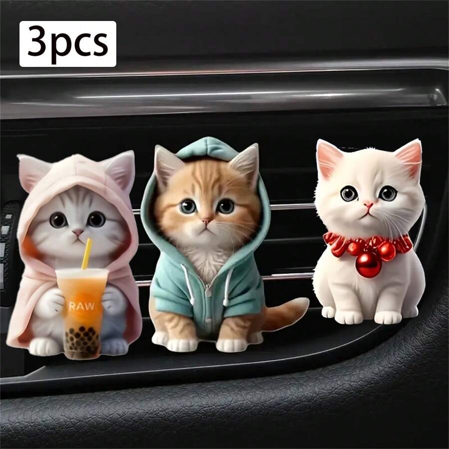 3pcs Cute Cat Car Ventilation Air Freshener Clip - Creative Hoodie Cat, Milk Tea Cat, Bell Cat Designs, 2D Acrylic Car Ventilation Decoration Clip, Comes With Aromatherapy Sheet, Deodorization + Random Scents, Car Air Freshener, Car Interior Decoration, Perfect Gift For Family And Friends