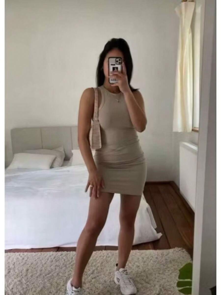 Women's Basic Short Ribbed Dress, Racerback Style, Fashion Blogger - Beis - Ver 1