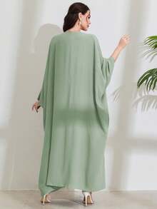 女士纯色蝙蝠袖长裙，优雅长袖阿巴雅长袍，卡夫坦长袍，伊斯兰服装，端庄优雅 - 薄荷綠 - 查看 3