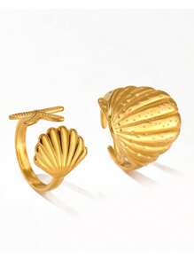 2 件海星和贝壳戒指，时尚海滩度假风格手指首饰 - 金色 - 查看 4