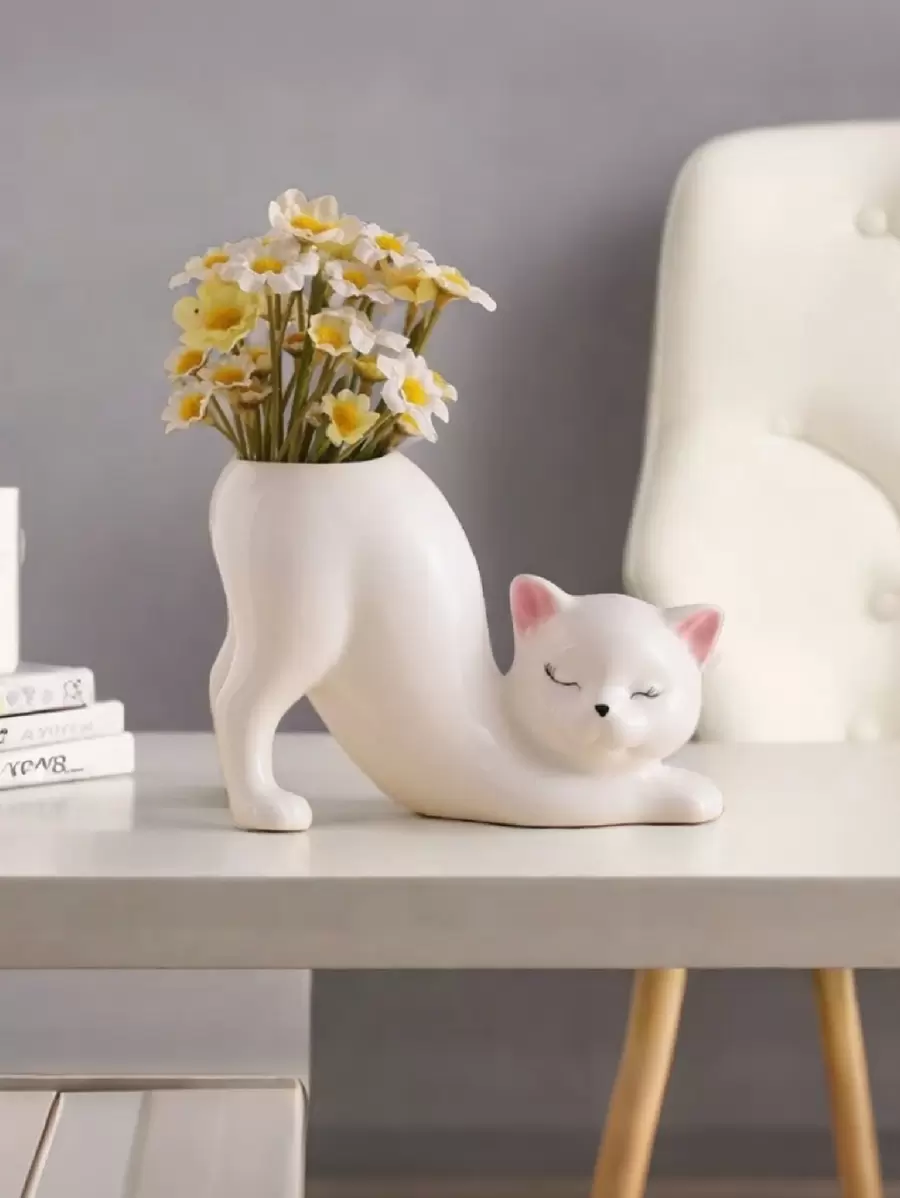 1pc Cute Whimsical Cat-Shaped Resin Vase-A Classic Decorative Statue, Used For Cosmetic Desktop Storage, Floral Display, Home And Office Decoration, Unique Talk, Adding A Playful And Elegant Feeling, Vases, Flower Pots, Table Ornaments, Flower Pots, Bud Vases. Gifts Birthday Graduation