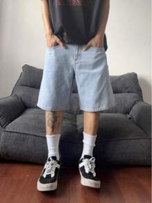 Shorts vaqueros informales de pierna ancha para hombre, shorts de mezclilla de verano lisos, shorts de mezclilla amplios de color azul claro, regalo para el esposo o novio