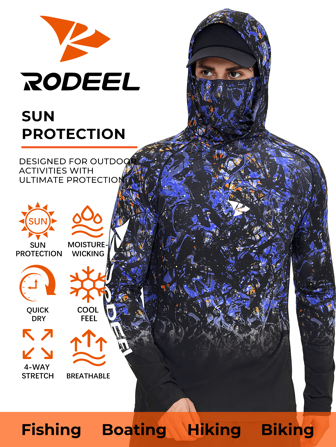 RODEEL Camiseta con capucha para hombre con máscara facial, impresa con gradiente, de mangas largas, de secado rápido y transpirable, adecuada para deportes al aire libre, pesca y senderismo