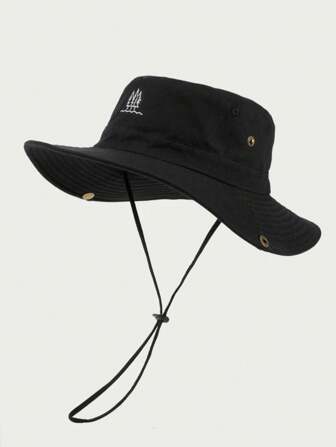 1 件男女通用纯色刺绣渔夫帽，时尚户外徒步钓鱼防晒防风绳帽，休闲百搭，适合日常使用，适合春秋冬季