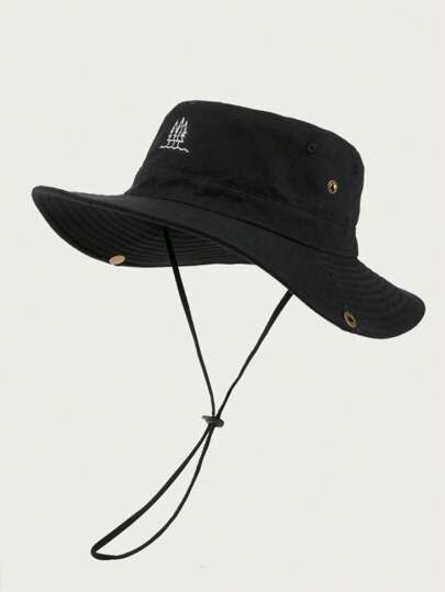 1pc Unisex Solid Color Embroidered Fisherman Hat, Fashion Outdoor Hiking Fishing Sun Protection Cap, Casual Windproof Drawstring Hat, Suitable For Daily Use In Spring, Autumn And Winter