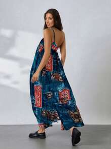 Women Spaghetti Strap Jumpsuits Retro Printed Sleeveless Summer Wide-Leg Rompers Overalls - Blue - View 4