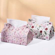 1pc PU Leather Tissue Box Cover With Floral Print Design, Butterfly & Flower Pattern Tissue Box For Desktop, Home, Living Room, Bedroom, Car, Makeup Storage Organizer, Suitable For Back To School, Wedding Season, Birthday Party