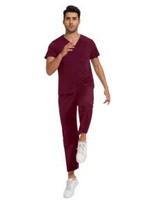 Uniformes quirúrgicos para hombres, conjuntos de ropa de enfermería (Parte superior + Pantalones), uniformes de enfermería, ropa de trabajo para salón de belleza, uniformes hospitalarios - Burdeos - Ver 4