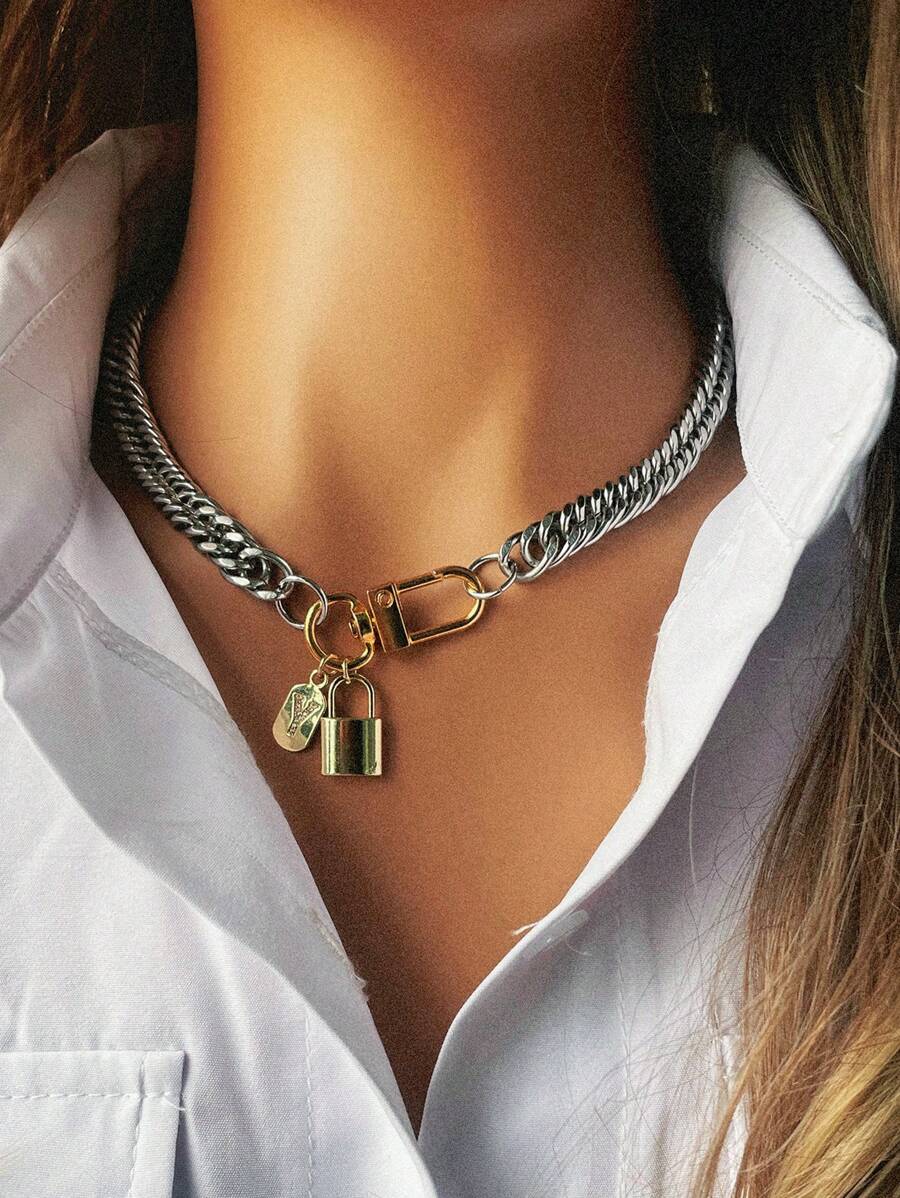 1pc Lock Shaped Pendant With Lock Clasp And Rhinestone Letter Pendant, Unique High-End Style Letter Necklace, Suitable For Girls' Daily Wear To Showcase Personalized - Multicolor - View 1