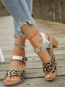 Plus Size Women's Hook And Loop Thick Heel Sandals, New Spring/Summer Open Toe Hollow-Out High Heel Sandals - Leopard - View 4