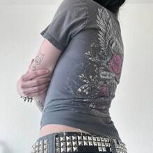 Women Summer Short Sleeve Casual Tops V Neck Flower Print Basic Slim Fit T Shirts