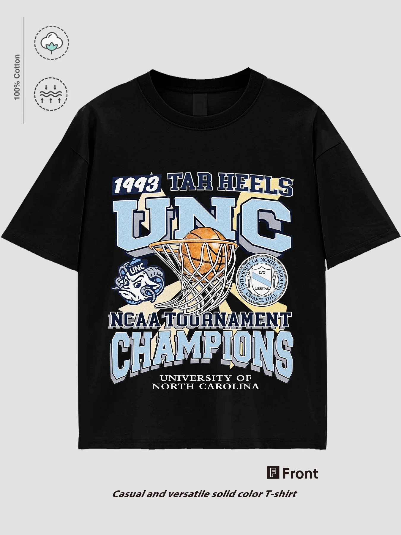 The Mascot Portrait Of The University Of North Carolina Basketball Team, "1993 TAR HEELS," Commemorates The NCAA Tournament, A College Basketball Commemorative Theme T-Shirt, A UNC Rams Mascot Pattern T-Shirt, And A Must-Have Outfit For Sports And Culture Enthusiasts 100% Pure Cotton T-Shirt With Youthful And Fashionable Design. Very Suitable For Casual Wear And Street Style Dressing. They Are Excellent Gifts For Friends And Family. - 黑色 - 查看 1