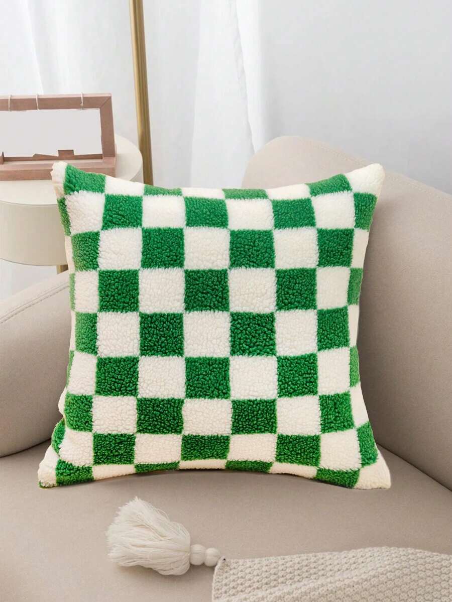 1 pieza Funda de cojín de peluche con diseño de cuadros de colores en bloque para decoración del hogar - Multicolor - Ver 1