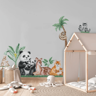 1 set Stickers muraux avec feuilles tropicales et animaux de la jungle, panda, singe, palmier, pour la décoration de la chambre à coucher et du salon