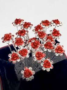 Juego de 20 horquillas para el pelo con forma de rosa roja, con diamantes de imitación y flores rojas, pequeñas pinzas para el pelo, accesorios para el pelo con forma de rosa, pinzas para el pelo con flores pequeñas, pinzas decorativas para el pelo rojas para mujer, para celebrar el día de San Valentín y festivales