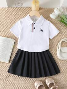 2 件女童动物印花 Polo 衫和裙子套装 2025 - 针织纽扣上衣搭配百褶裙，夏季幼儿服装（2-7 岁）