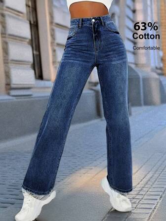 Pantalones rectos de estiramiento de color azul medio, simples, de moda y casuales para uso diario