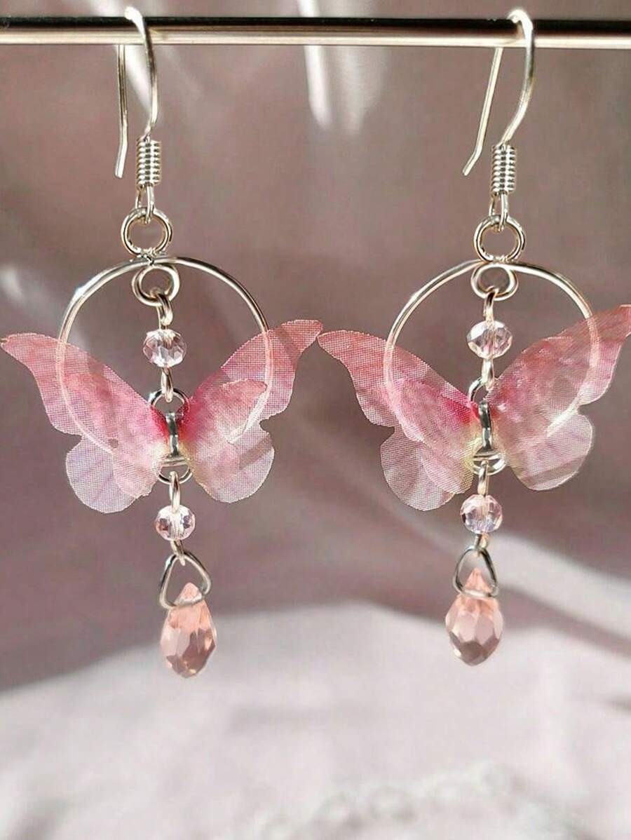 2pcs Fashion Sweet Romantic Soft Metallic Natural Stone Fairy Long Butterfly Mushroom Crystal Tassel Earrings, Suitable For Women's Daily, Vacation, Party, And Social Occasions - 紫色 - 查看 1
