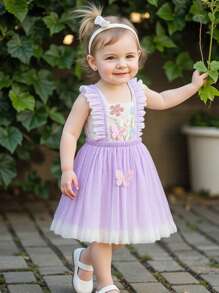 Baby Girls Butterfly Embroidered Dress Flutter Sleeve Tulle Princess Dress With Ruffles Birthday Outfit - Purple - View 4
