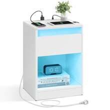 VASAGLE Mesita de Noche con Estación de Carga, Mesa Auxiliar con Luces LED Ajustables, con Cajón, 2 Tomas AC, 2 Puertos USB, Moderno, para Dormitorio, Salón, Blanco Nube - Enchufe EU Tipo C(220-240V) - Ver 8
