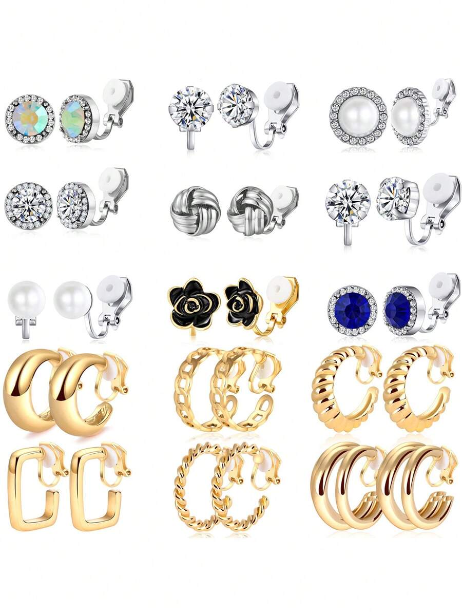 15 Pairs/Set Non-Pierced Earrings, Includes Black Flower Earrings, Blue Cubic Zirconia Ear Clips, Versatile Geometric Cubic Zirconia And Pearl Earring Sets - Multicolor - View 1