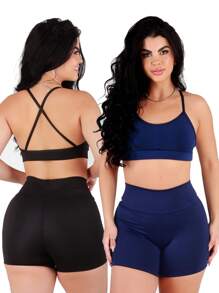 Work Fitness Kit 2 Set Of Backless Top With Cross Straps And Basic Premium Bermuda Shorts - Mistle Toned - View 1