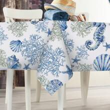 1pc Blue Ocean Beach Theme Rectangular Tablecloth, Decorated With Seashells, Coral, Seahorse & Starfish, Seasonal Ocean Table Cover For Spring/Summer Marine Themed Picnic Party, Indoor/Outdoor Decor