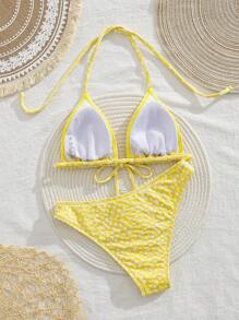 Sultry Sol Conjunto de bikini con detalles de lazo y estampado floral pequeño para mujeres, moda adorable y dulce para playa, vacaciones de verano y fiestas - Amarillo - Ver 5