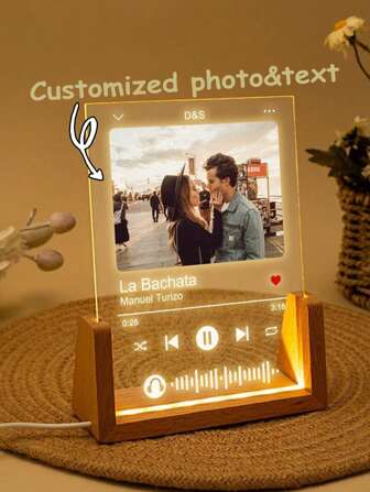 1pc Personalized Night Light Music Light Board Small Night Light LED Photo Suitable For Women, Men, Couples, Families, Boyfriends, Girlfriends, Customizable Valentine's Day Anniversary Birthday Gift For Him/Her With Acrylic Plaque LED Light Stand