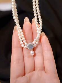 1pc S925 Sterling Silver Blue Sapphire & Pearl Pendant Double-Layer Pearl Necklace For Women, Exquisite Luxury Gift For Girlfriend/Mother On Valentine's Day, Engagement, Proposal