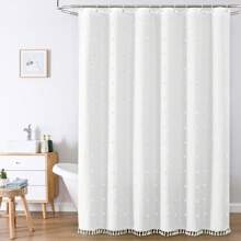 1pc White Shaggy Tasseled Shower Curtain, Simple 3D Floral Cut Out Waterproof Polyester Bathroom Curtain, Comes With Hooks Home Bathroom Decor Fall Decor Bathroom Accessories Back To School - White - View 4