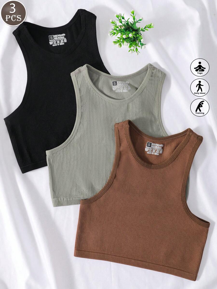 Set de 3 sujetadores deportivos de mujer con espalda cruzada, sin costuras y sin relleno para yoga y actividad física