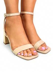 Giày cao gót đế vuông thời trang bằng da pu đế thấp quai mắt cá chân thời trang mũi vuông đi chơi thường ngày - Màu be - Xem 1