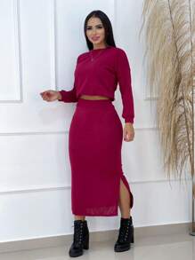 Women's Winter Set Blouse And Woolen Skirt - 紅木色 - 查看 1
