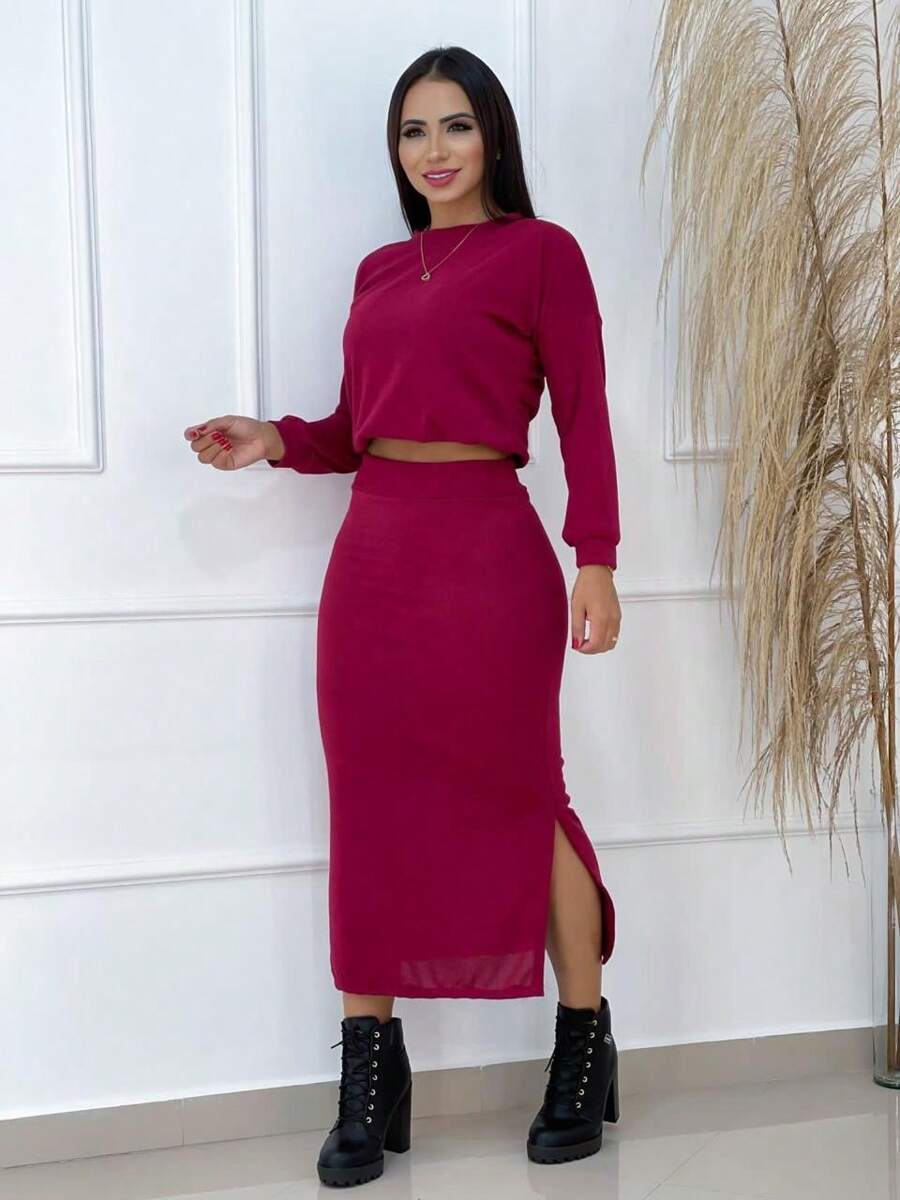 Women's Winter Set Blouse And Woolen Skirt - 紅木色 - 查看 1