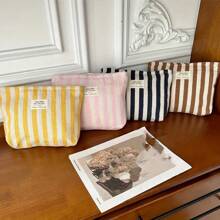 1pc Fresh Striped Cosmetic Bag, Large Capacity Portable Minimalist Women Makeup Pouch Makeup Travel Toiletry Organizer Essentials Gifts Storage Zipper Accessories Nail