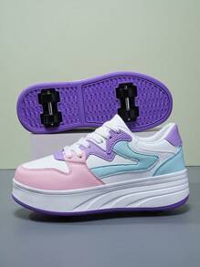 Unisex Wheeled Roller Shoes For Boys And Girls, 4-Wheel Removable Lightweight Roller Skate Shoes For Teens, Suitable For Roller Skating - Purple - View 3