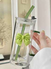 1个透明咖啡杯，蝴蝶结设计，配有竹制杯盖和吸管，大容量户外旅行便携饮料/果汁杯，适合夏季和冬季使用，生日/节日派对礼物，圣诞节礼物玻璃水瓶，情人节礼物，送给女性的礼物，送给妈妈的礼物，厨房配件