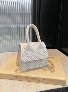 1pc 新款时尚简约手提包甜美可爱迷你休闲手提包女小众个性小包纹理斜挎小方包斜挎小格纹编织格子斜挎包精致高档纹理千金感单手拎单肩包女 - 編織手提包 - 查看 7