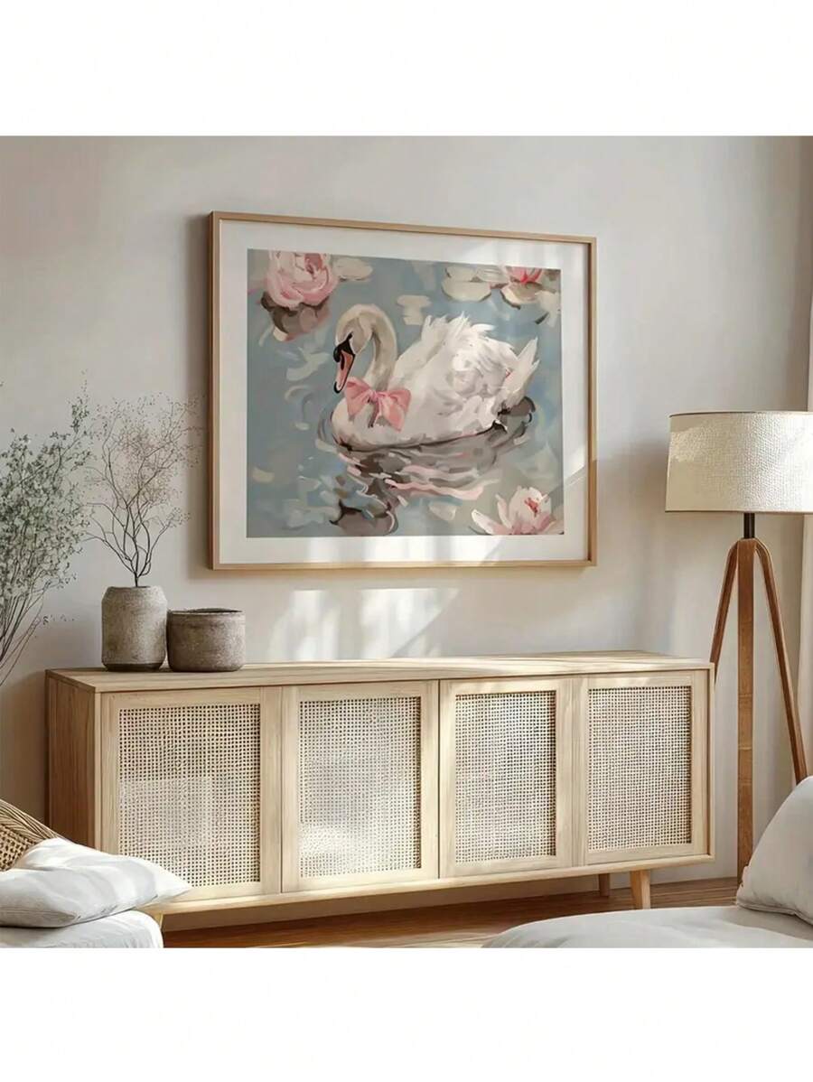 CPWAD 1 件无框帆布海报印刷，复古艺术，白天鹅配粉色蝴蝶结艺术海报印刷，墙画艺术帆布画，卧室客厅，厨房现代家居装饰，无框